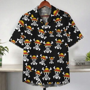 One Piece Straw Hat Skull Pattern Black Hawaiian Shirt