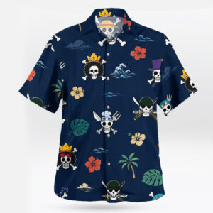 Navy Straw Hat Pirates Jolly Roger Tropical Hawaiian Shirt