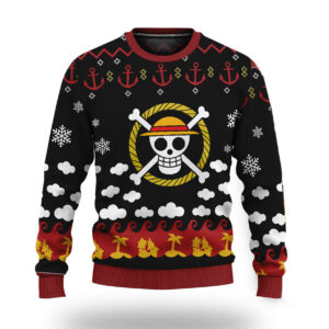 One Piece Straw Hat Jolly Roger Black Ugly Christmas Sweater