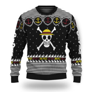 One Piece Straw Hat Jolly Roger Striped Ugly Christmas Sweater